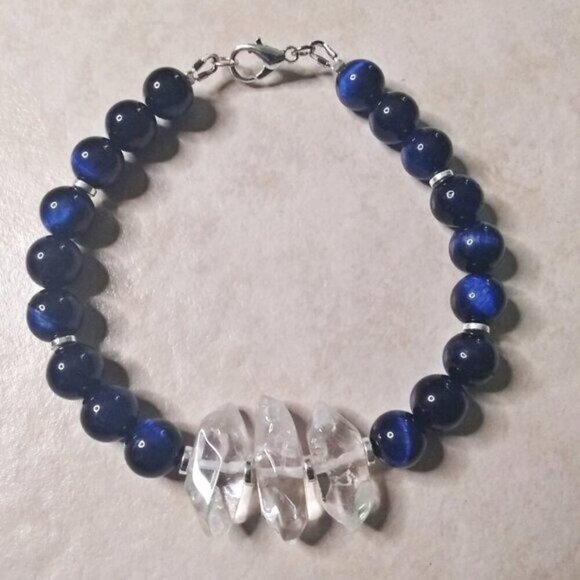 Blue Dye TigersEye & Quartz Crystal Bracelet - 7-7.5" Wrist - Stunning Colors! - Picture 6 of 9